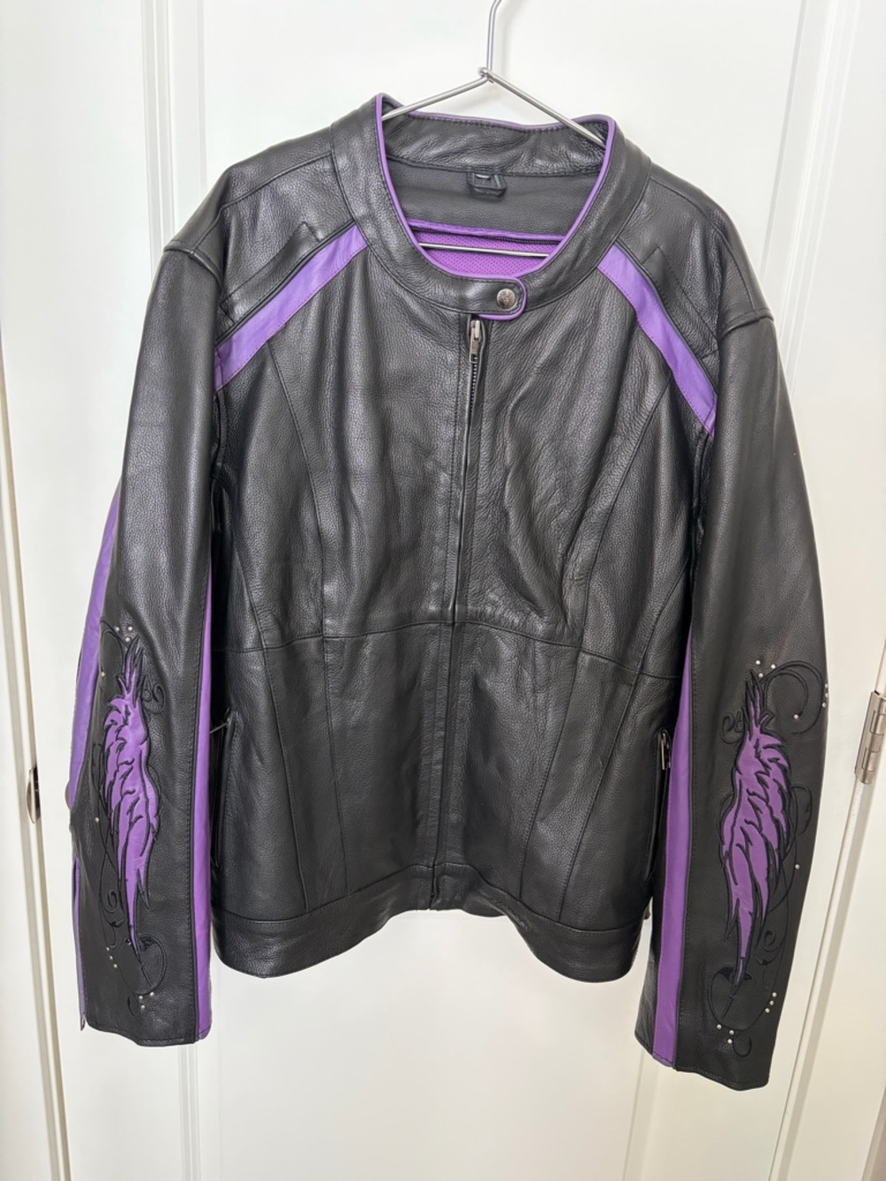 Women's Black Leather Jacket with Purple Accent Trim